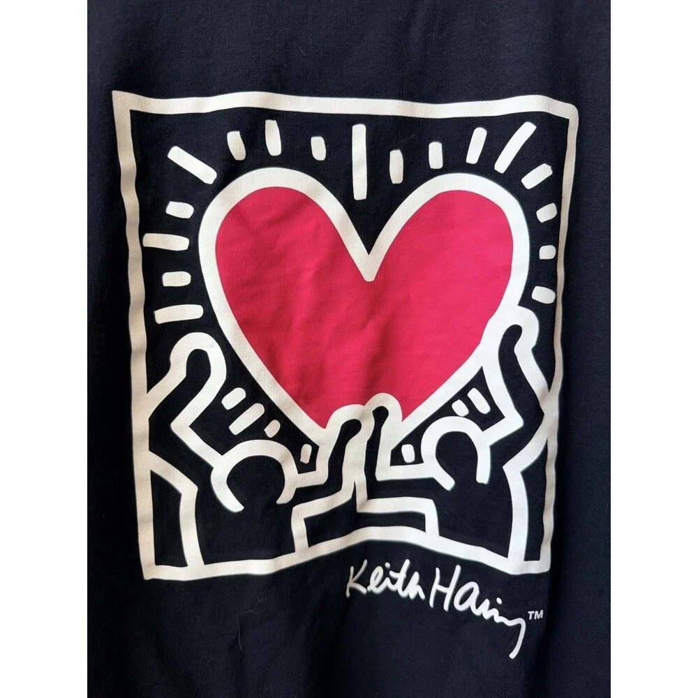 Keith Haring Heart Graphic Sweatshirt Black Crewneck Unisex M Medium 60/40 Blend
